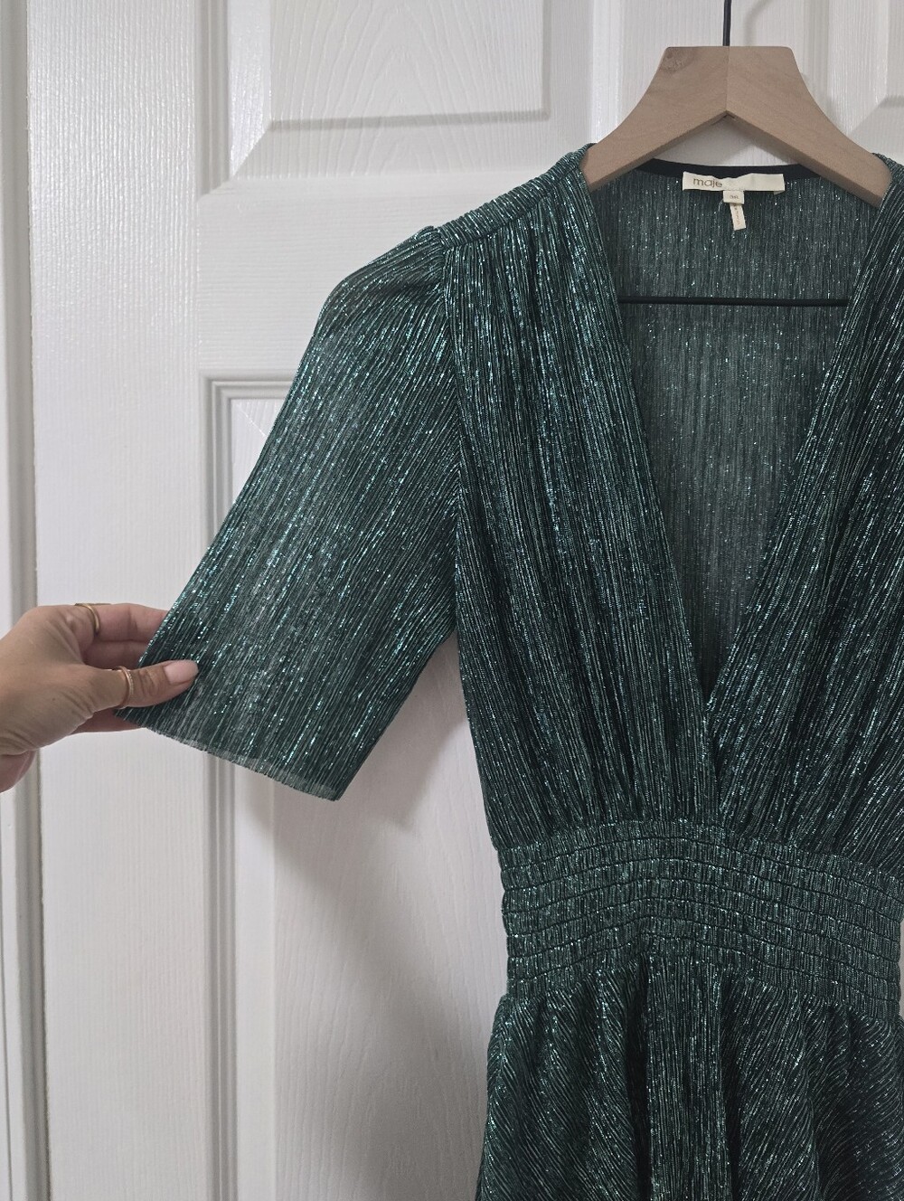Maje Ruffine Smocked Waist Metallic Tiered Midi Dress Size 36/US S - Picture 4 of 6